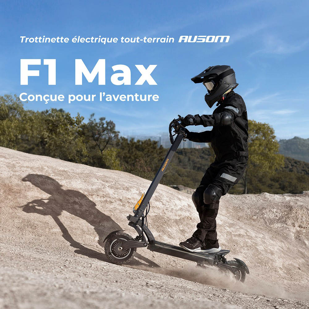 Trottinette électrique Ausom F1 Max, moteur 2 x 1 400 W, batterie 60 V 20,8 Ah, pneus 10 pouces, vitesse maximale 72 km/h, autonomie maximale 100 km, freins à disque hydrauliques avant et arrière, verrouillage NFC et par code