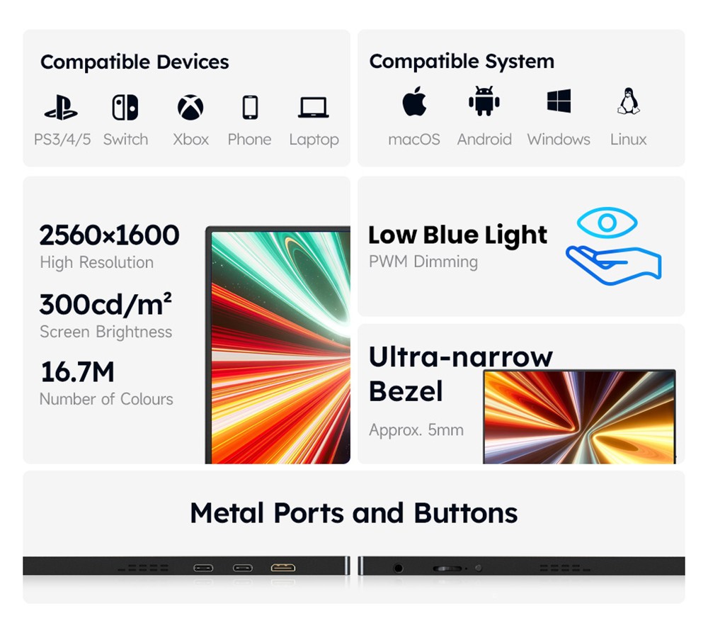 AOSIMAN P156QCC 15.6 inch Portable Monitor, 2560*1600, 100% sRGB, Dual Speakers, 1000:1 Contrast, 60Hz Refresh Rate, 2*Type-C, 1*Mini HDMI, 1*Headphone Jack