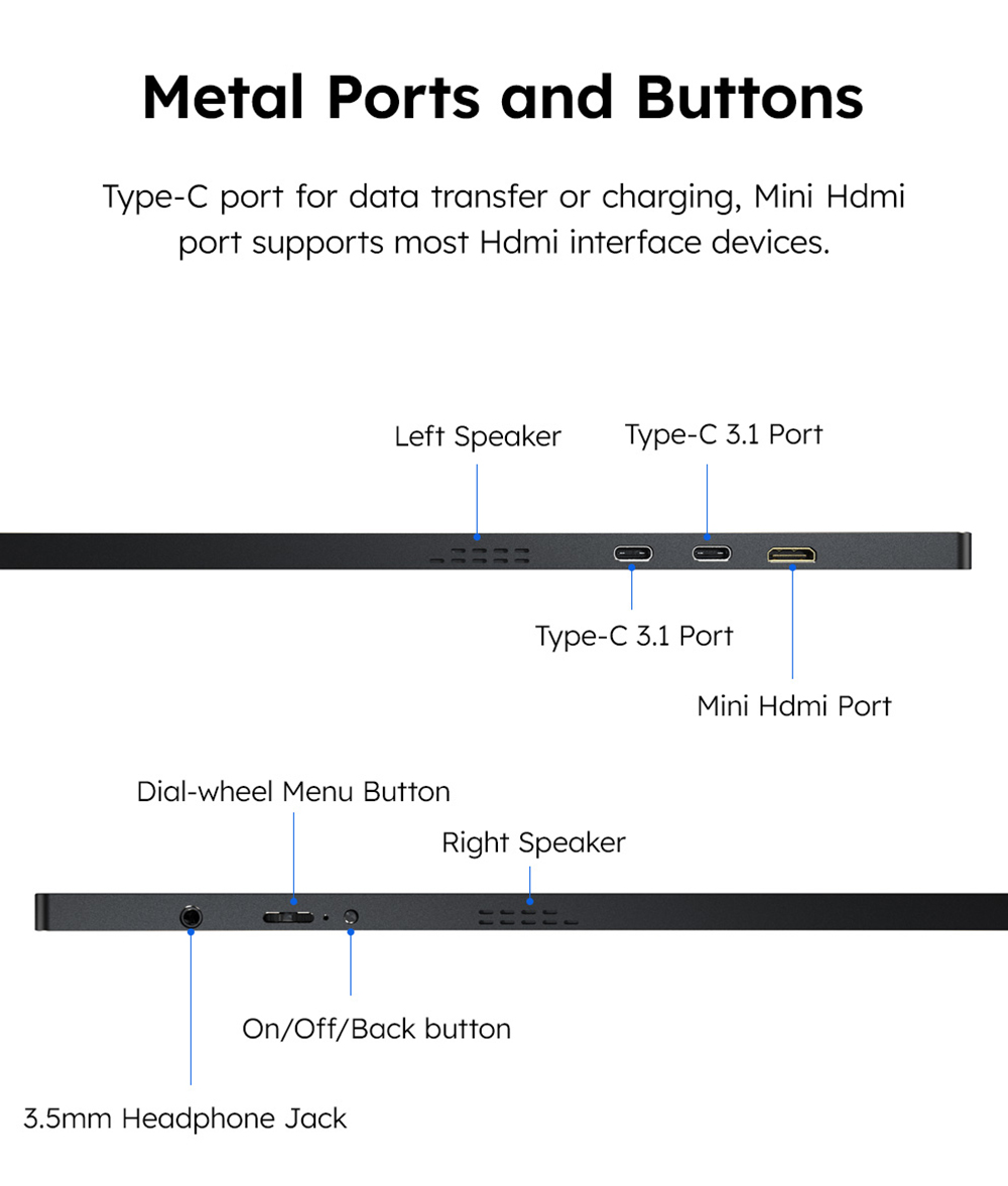 AOSIMAN P156QCC 15.6 inch Portable Monitor, 2560*1600, 100% sRGB, Dual Speakers, 1000:1 Contrast, 60Hz Refresh Rate, 2*Type-C, 1*Mini HDMI, 1*Headphone Jack