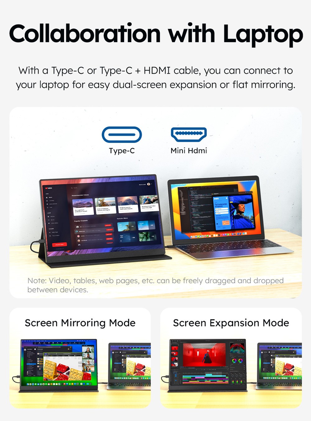 AOSIMAN P156QCC 15.6 inch Portable Monitor, 2560*1600, 100% sRGB, Dual Speakers, 1000:1 Contrast, 60Hz Refresh Rate, 2*Type-C, 1*Mini HDMI, 1*Headphone Jack