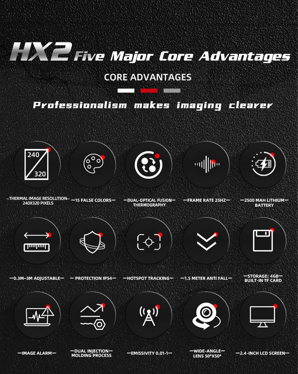 BSIDE HX2 High Definition Thermal Imaging Camera, 240x320 Pixels, 15 Color Modes, 2.4-inch TFT LCD Screen, 0.3-3m Adjustable, 50°×50° Wide-Angle Lens, Outdoor Indoor Use - Grey