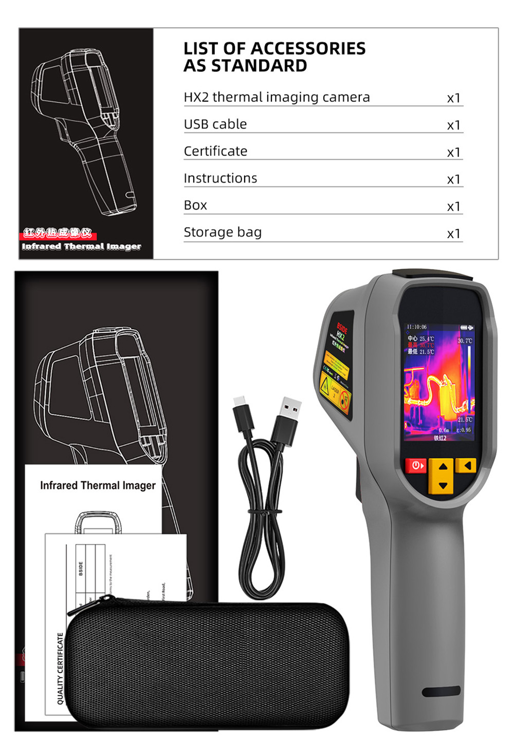 BSIDE HX2 High Definition Thermal Imaging Camera, 240x320 Pixels, 15 Color Modes, 2.4-inch TFT LCD Screen, 0.3-3m Adjustable, 50°×50° Wide-Angle Lens, Outdoor Indoor Use - Grey
