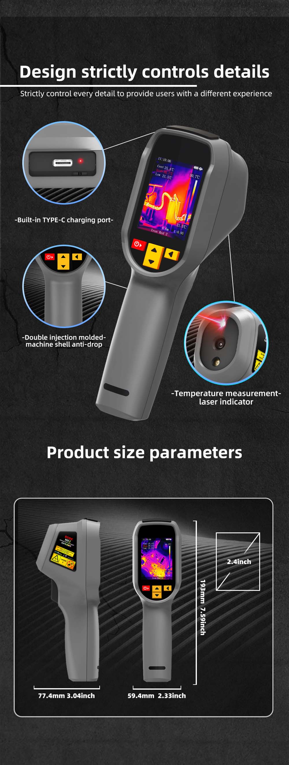 BSIDE HX2 High Definition Thermal Imaging Camera, 240x320 Pixels, 15 Color Modes, 2.4-inch TFT LCD Screen, 0.3-3m Adjustable, 50°×50° Wide-Angle Lens, Outdoor Indoor Use - Grey