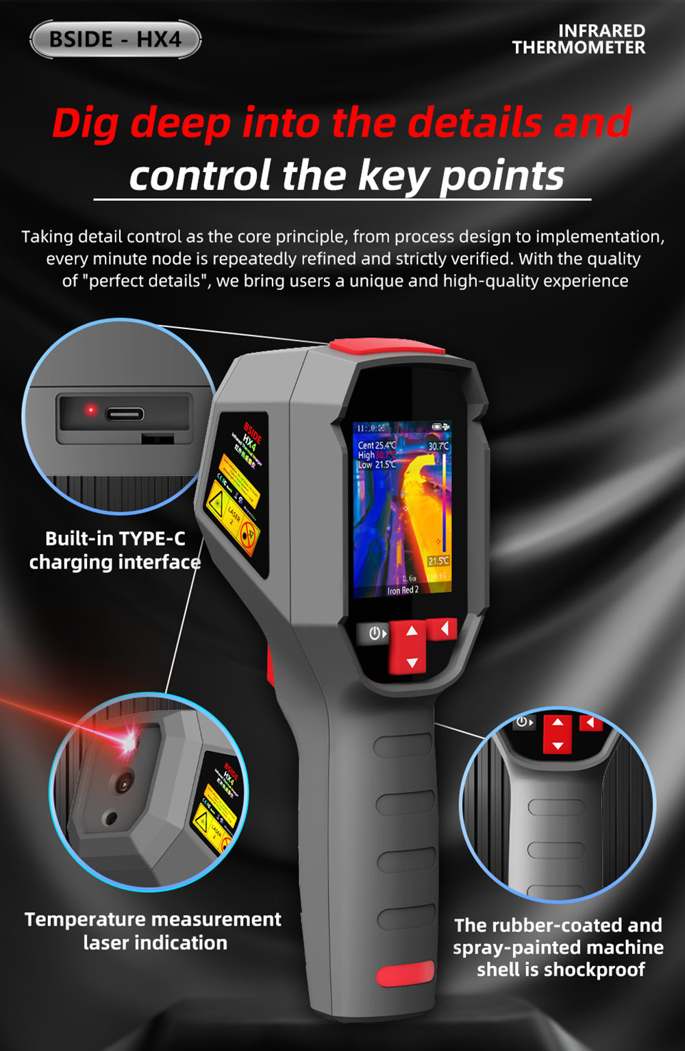 BSIDE HX4 High Definition Infrared Thermal Imaging Camera, 240x320 Pixels, 15 Pseudo-Color Modes, -20℃ - 550℃ Range, 2.4