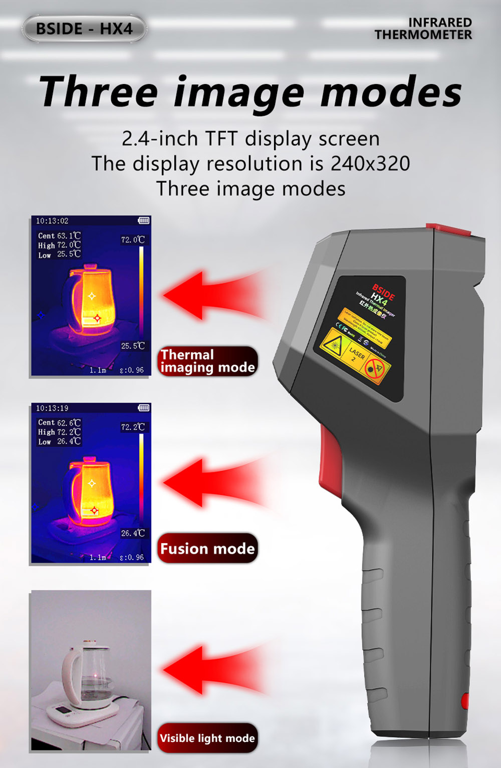BSIDE HX4 High Definition Infrared Thermal Imaging Camera, 240x320 Pixels, 15 Pseudo-Color Modes, -20℃ - 550℃ Range, 2.4