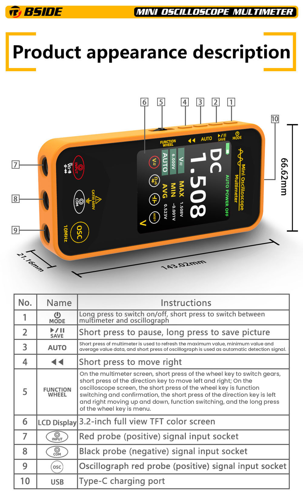 BSIDE OS1 Mini Digital Oscilloscope Multimeter High Precision Single Channel 10M Bandwidth Multi-functional Electrical Maintenance Specialized Auto Repair Instrument