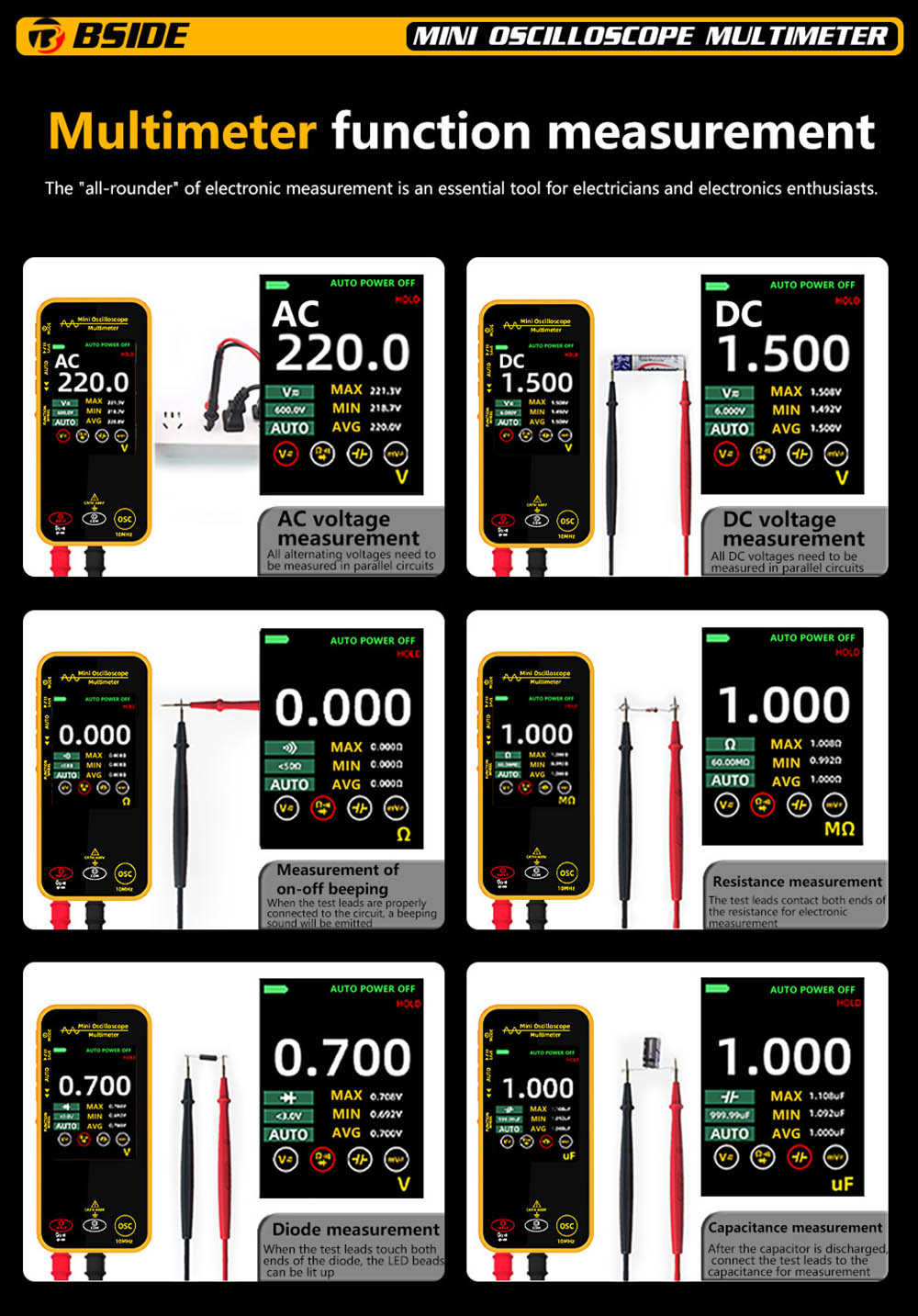 BSIDE OS1 Mini Digital Oscilloscope Multimeter High Precision Single Channel 10M Bandwidth Multi-functional Electrical Maintenance Specialized Auto Repair Instrument