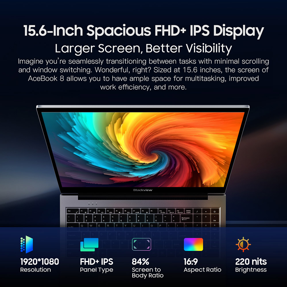 Refurbished Blackview Acebook 8 Laptop, 15.6-inch 1920*1080 IPS Screen, Intel Core N97, 16GB RAM 512GB SSD, Dual-band WiFi Bluetooth 5.0, 2*USB 3.0 1*USB 2.0 1*USB-C 1*HDMI 2.0 1*Audio Jack 1*MicroSD Card Slot, 38Wh Battery 36W Charge - Grey