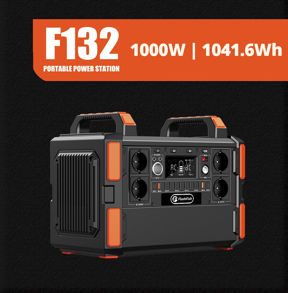 Flashfish F132 1041.6Wh 1000W Station d'alimentation portable, générateur solaire à batterie LiFePO4, 19 prises, prise AC 230V, durée de vie de plus de 3000 cycles - Noir