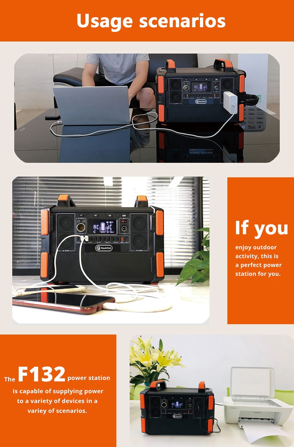 Flashfish F132 1041.6Wh 1000W Station d'alimentation portable, générateur solaire à batterie LiFePO4, 19 prises, prise AC 230V, durée de vie de plus de 3000 cycles - Noir