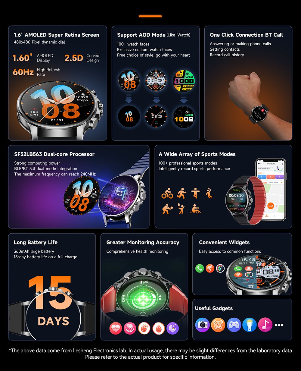 IMIKI Holo Ultra Smartwatch, 1.6 inch AMOLED Screen, 100+ Sports Modes, IP68 Waterproof, Health & Sleep Monitoring, Bluetooth Calling, 100+ Watch Faces - Black