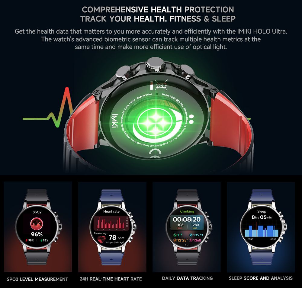 IMIKI Holo Ultra Smartwatch, 1.6 inch AMOLED Screen, 100+ Sports Modes, IP68 Waterproof, Health & Sleep Monitoring, Bluetooth Calling, 100+ Watch Faces - Black