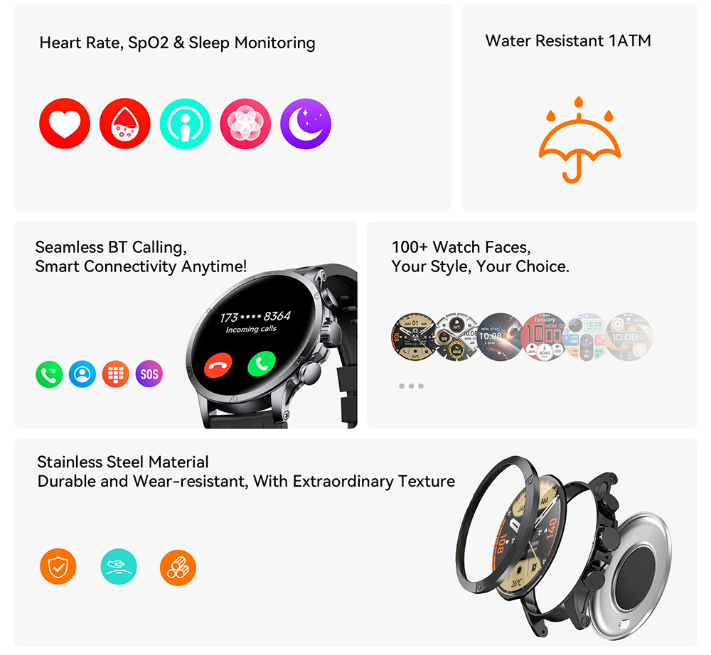 IMIKI XPLORER Pro Smartwatch, 1.6 inch AMOLED Screen, 450mAh Battery, 170+ Sports Modes, Heart Rate, SpO2 & Sleep Monitoring, Bluetooth Calling, 1ATM Water Resistant, 100+ Watch Faces