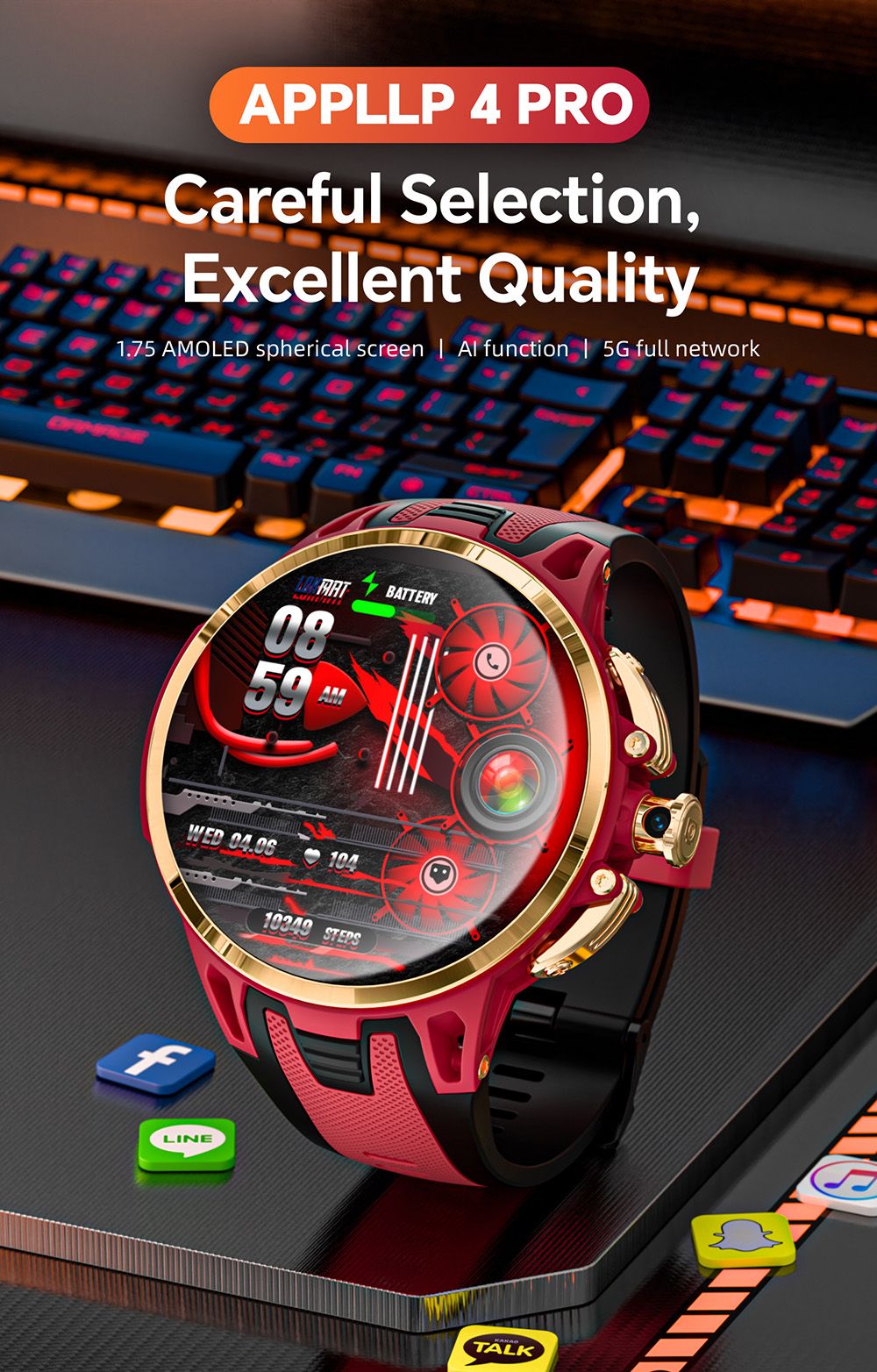 LOKMAT APPLLP 4 PRO Smartwatch, 1.75 inch AMOLED Screen, 5G Calling, NFC Function, Heart Rate Monitoring, Multiple Sports Modes - Golden