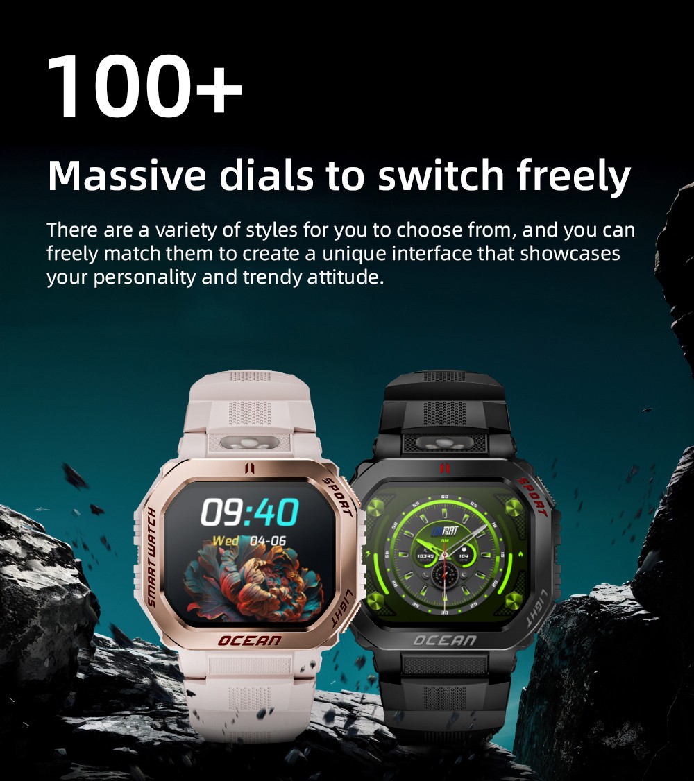 LOKMAT OCEAN GT Smartwatch, 1.75 inch Screen, Flashlight & Compass, Al Voice Assistant, Bluetooth Calling, 3ATM Waterproof, Health Monitoring, 100+ Sports Modes - Golden