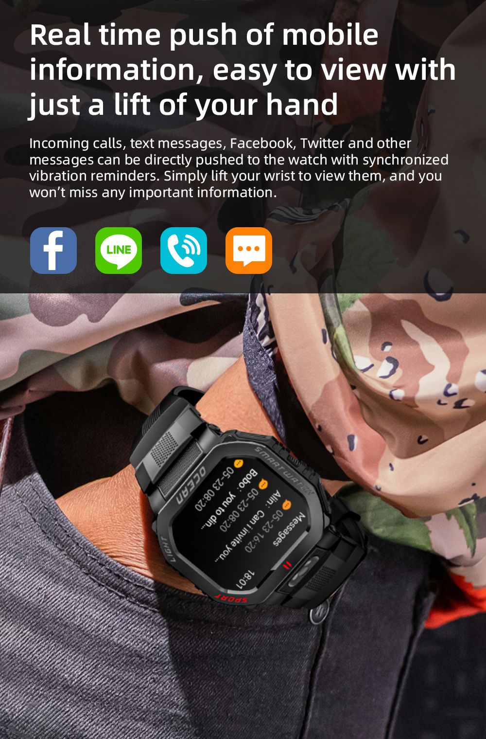 LOKMAT OCEAN GT Smartwatch, 1.75 inch Screen, Flashlight & Compass, Al Voice Assistant, Bluetooth Calling, 3ATM Waterproof, Health Monitoring, 100+ Sports Modes - Golden