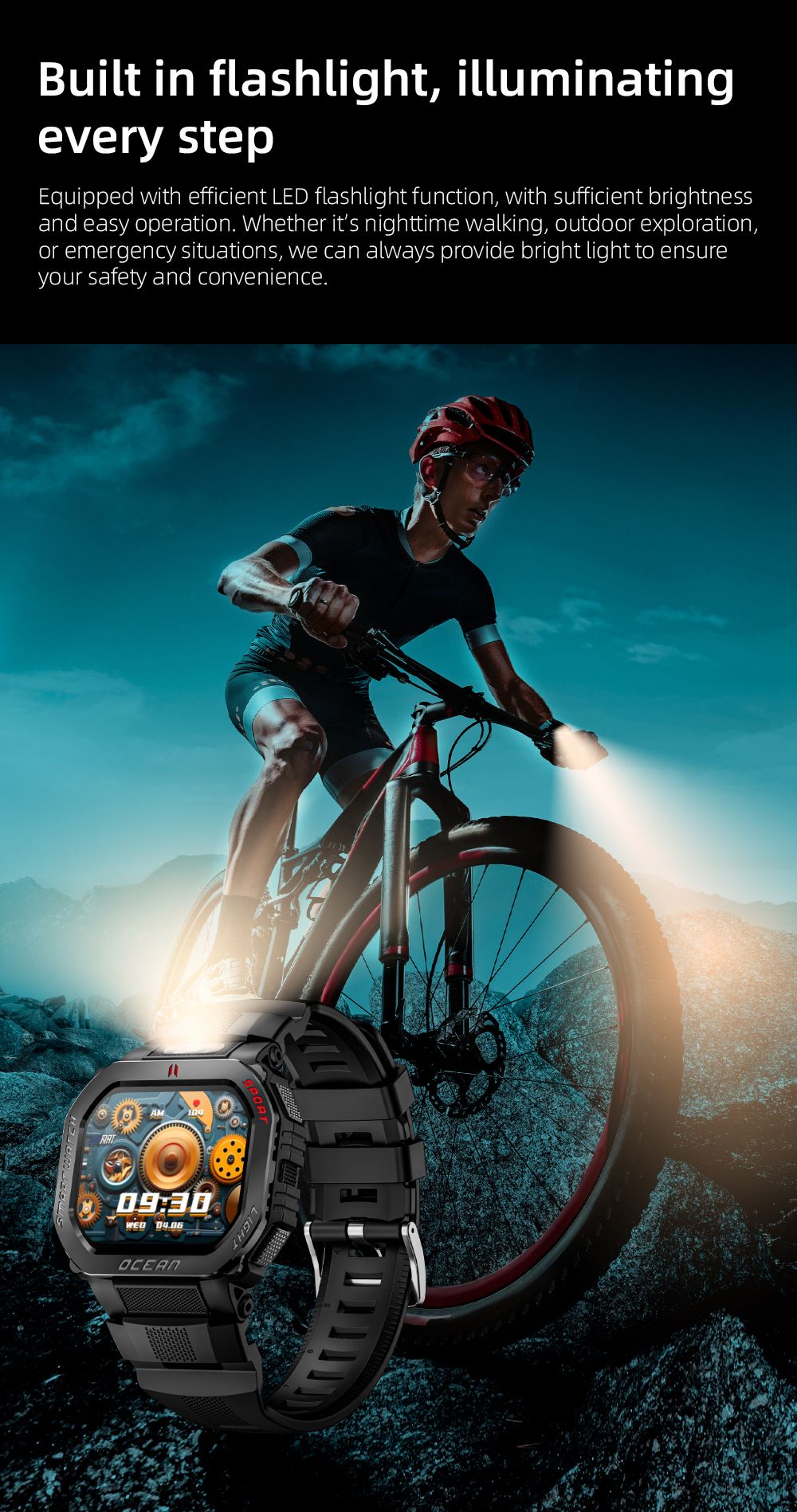 LOKMAT OCEAN GT Smartwatch, 1.75 inch Screen, Flashlight & Compass, Al Voice Assistant, Bluetooth Calling, 3ATM Waterproof, Health Monitoring, 100+ Sports Modes - Golden