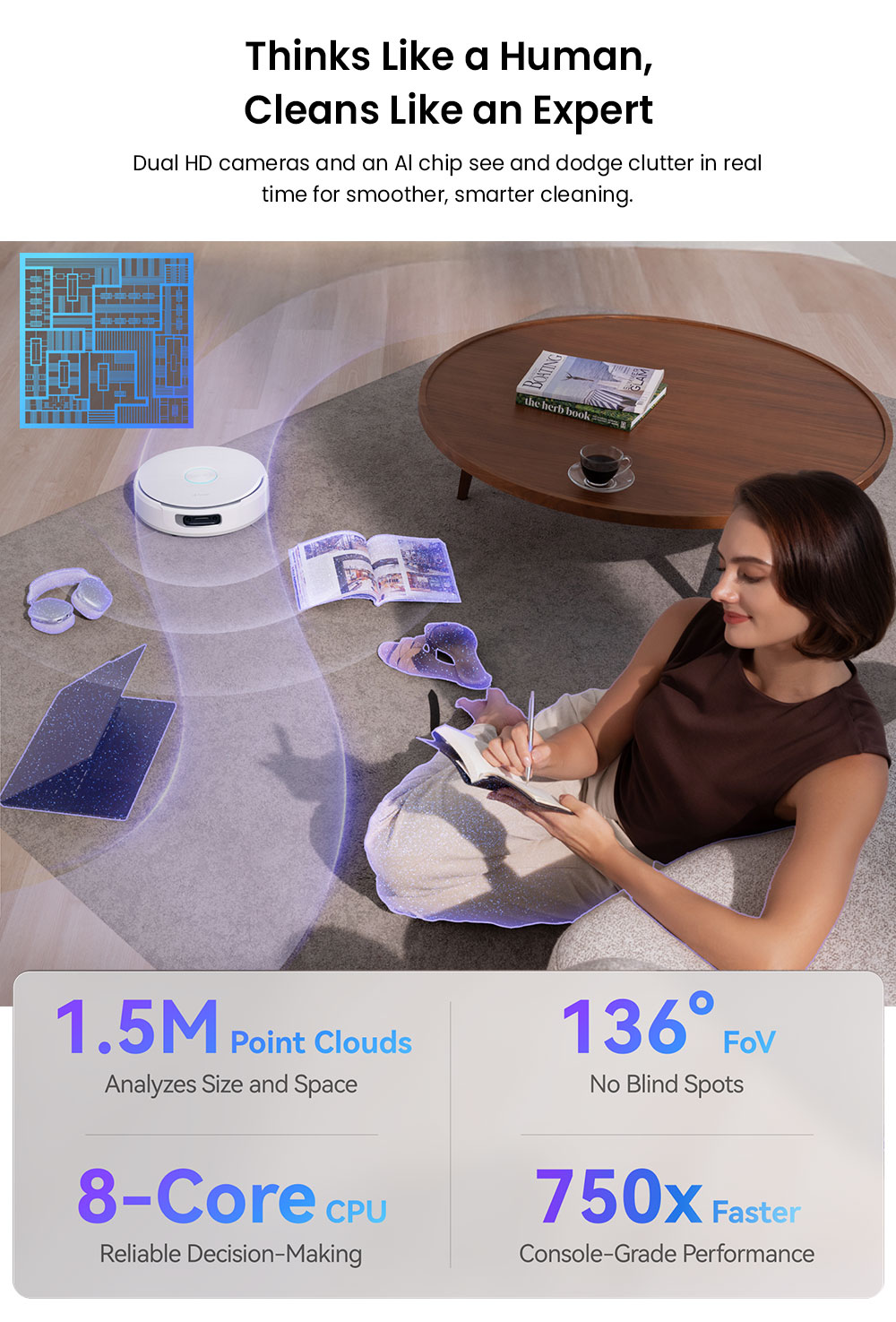 Narwal Freo Flow Ultra Robot Vacuum, 22000Pa Hyper Suction, Real-Time Self-Cleaning, AI-Powered Obstacle Avoidance, Ideal for Pet Hair and Hard Floor - White