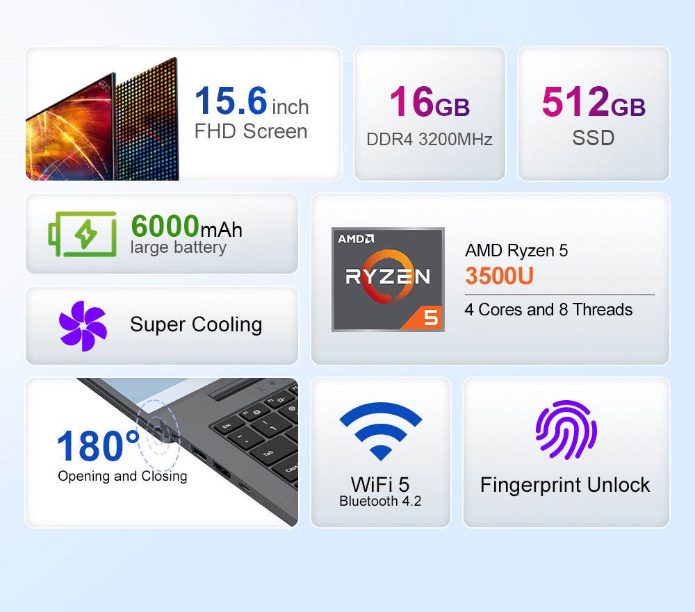 Ninkear A15 Air laptop, 15,6 hüvelykes 1920*1080 képernyő, AMD Ryzen 5 3500U 8 mag, max. 3,7 GHz, 16 GB RAM 512 GB SSD, WiFi 5, 1* Teljes funkcionalitású Type-C, 2*USB3.0, 1*USB2.0, 1*HDMI, 1*RJ45, 1*Micro SD, 1*Audio Jack, 180 ° Nyitás, ujjnyomat és bezárás