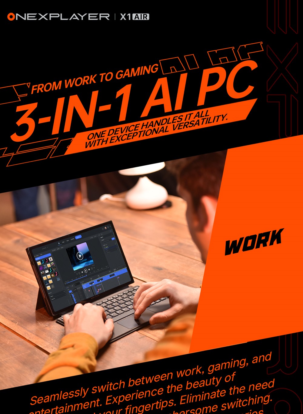 One Netbook OneXPlayer X1 Air Portable 3-in-1 Gaming PC, Intel Core Ultra 5 258V 8 Cores Max 4.5GHz, 10.95 inch 2560*1600 120Hz Screen, 32GB LPDDR5X RAM 512GB SSD, Facial & Fingerprint Unlock, 2*USB4.0, 1*USB3.2, 1*TF Card, 1*Mini SSD Slot - EU Plug