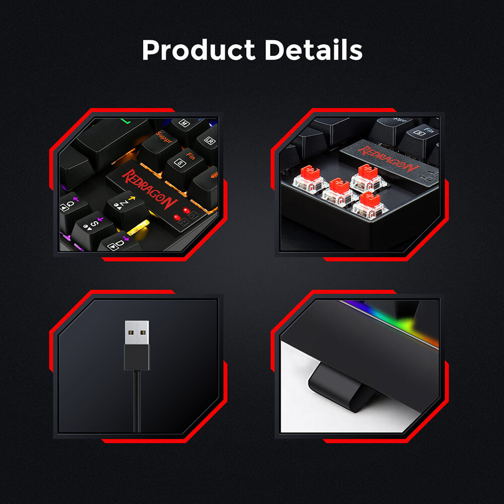 Redragon K552-KR-FR Rainbow Backlight TKL Mechanical Keyboard Compact 88 Keys AZERTY FR Layout Red Switch - Black