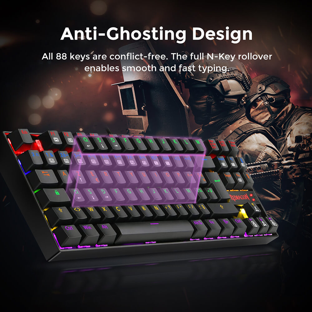 Redragon K552-KR-FR Rainbow Backlight TKL Mechanical Keyboard Compact 88 Keys AZERTY FR Layout Red Switch - Black
