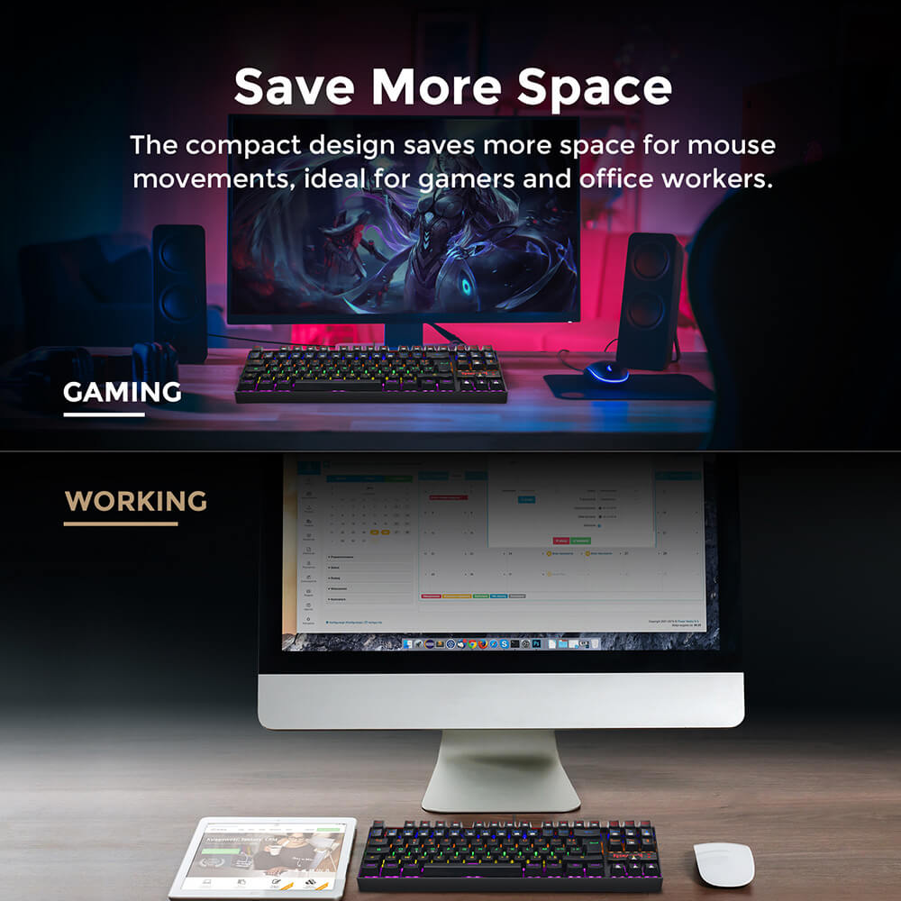 Redragon K552-KR-FR Rainbow Backlight TKL Mechanical Keyboard Compact 88 Keys AZERTY FR Layout Red Switch - Black