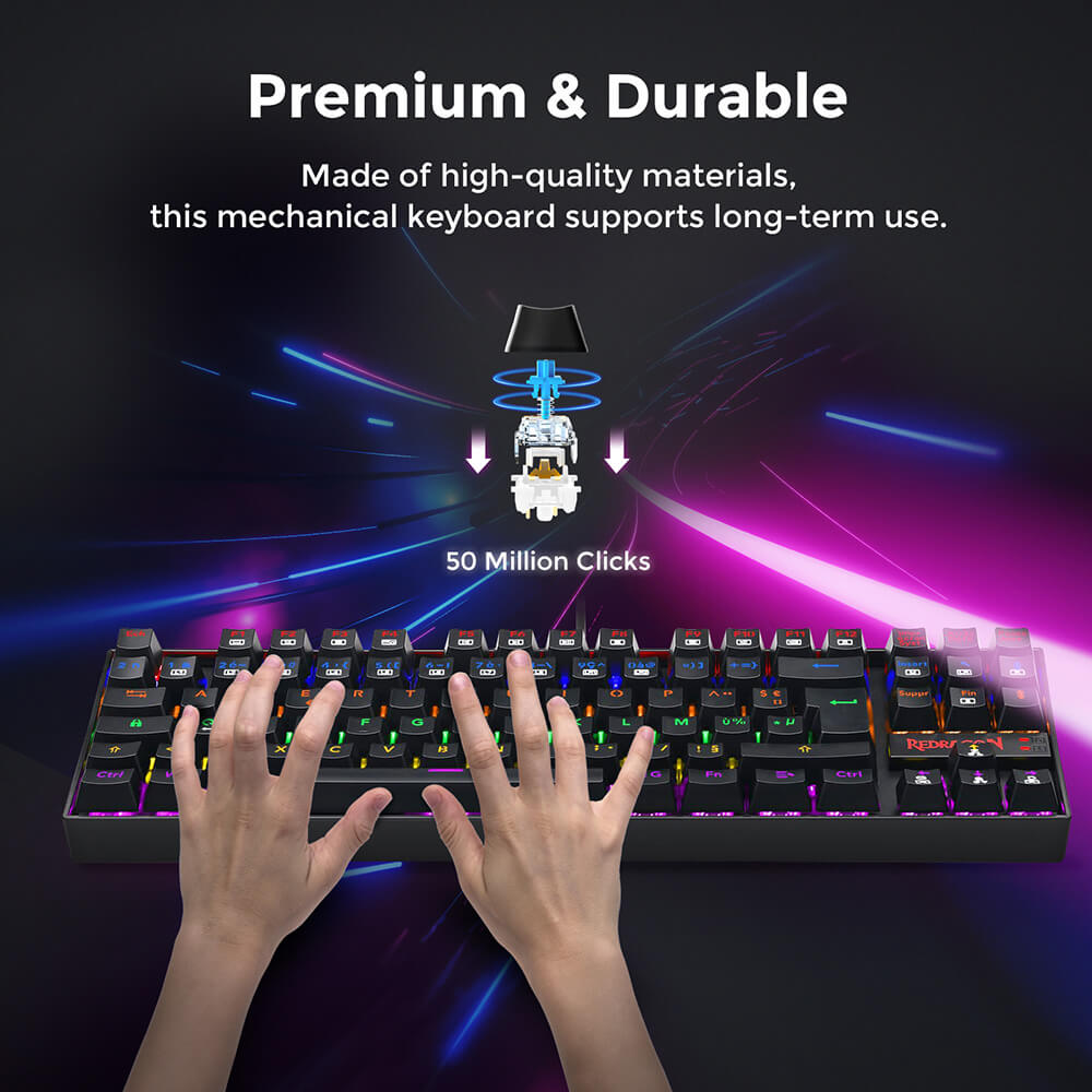 Redragon K552-KR-FR Rainbow Backlight TKL Mechanical Keyboard Compact 88 Keys AZERTY FR Layout Red Switch - Black