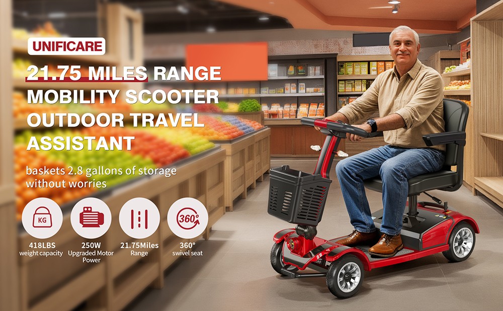 Unificare Mate Négykerekű Roller Időseknek, 250 W-os Motor, 24 V 20 Ah Akkumulátor, Elöl 8 hüvelykes és Hátul 9 hüvelykes Gumiabroncsok, 7,8 km/h Max Sebesség, 35 km Hatótávolság, Mágneses Fék, 190 kg Max Terhelhetőség - Piros
