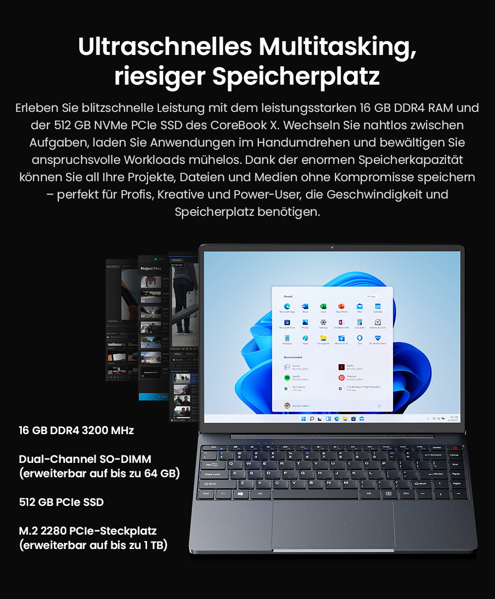 CHUWI CoreBook X Laptop, 14 Zoll 2160 x 1440 Display, AMD Ryzen 5 7430U 6 Kerne Max 4,3 GHz, 16 GB RAM 512 SSD, WiFi 6 Bluetooth 5.2, 4000 mAh Akku, Tastatur mit Hintergrundbeleuchtung, 1 * voll ausgestatteter Typ-C, 2 * USB 3.0, 1 * HDMI 1.4, 1 * TF-Kartensteckplatz, 1 * Kopfhöreranschluss