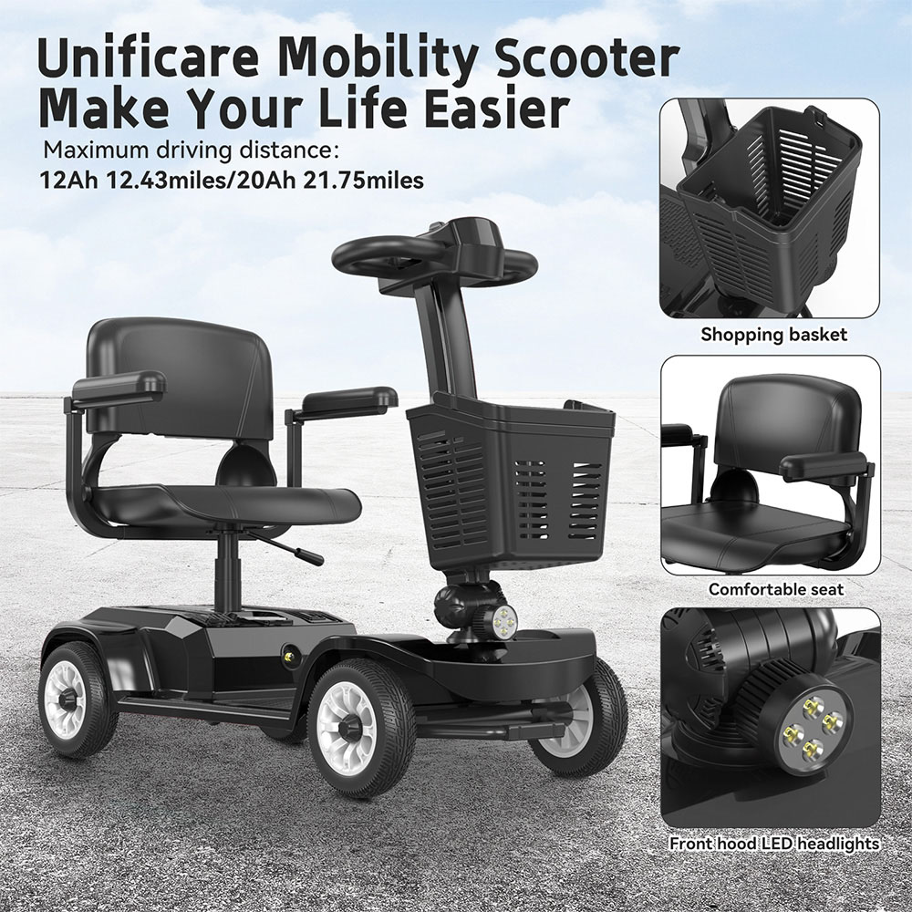 Unificare Lucas Pro Four-wheeled Scooter, 180W Motor, 24V 12Ah Battery, 8 inch Tires, 6km/h Max Speed, 20km Range, Magnetic Brake, 190kg Max Load - Black