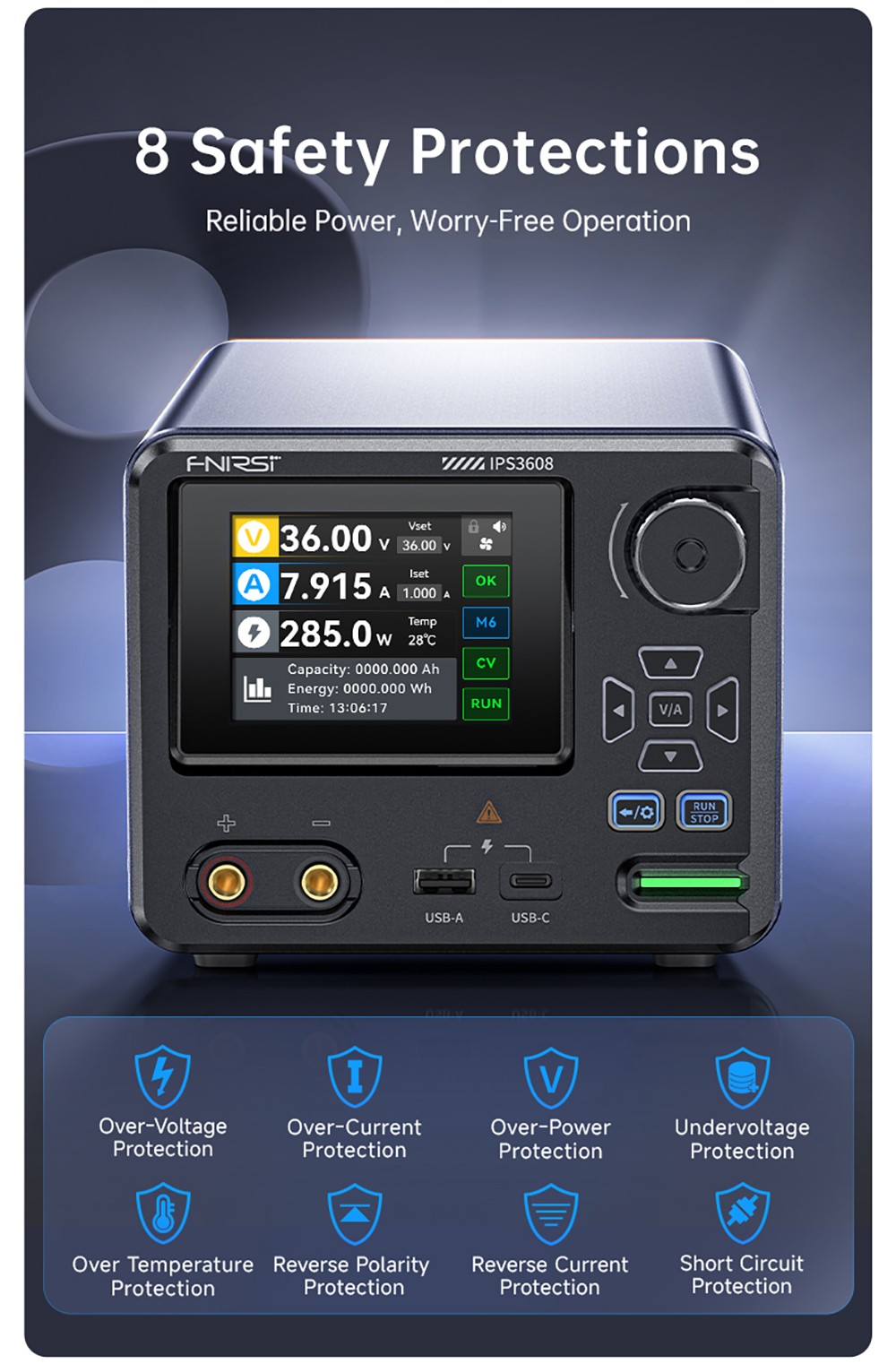 FNIRSI IPS3608 AC-DC Intelligent Digital Control Power Supply, 10mV Ultra-Low Ripple, 2.8-inch TFT Display, PD/QC Fast Charge