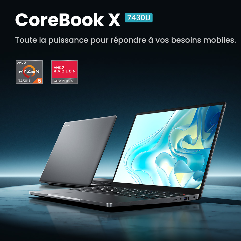 Ordinateur portable CHUWI CoreBook X, écran 14 pouces 2160 x 1440, processeur AMD Ryzen 5 7430U 6 cœurs cadencé à 4,3 GHz maximum, 16 Go de RAM, SSD 512 Go, Wi-Fi 6, Bluetooth 5.2, batterie 4 000 mAh, clavier rétroéclairé, 1 port Type-C complet, 2 ports USB 3.0, 1 port HDMI 1.4, 1 emplacement pour carte TF, 1 prise casque.