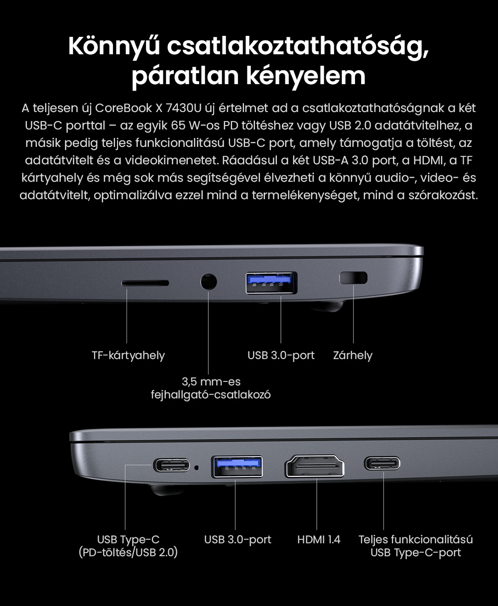 CHUWI CoreBook X Laptop, 14 hüvelykes 2160*1440 kijelző, AMD Ryzen 5 7430U 6 magos max. 4.3GHz, 16GB RAM 512 GB SSD, WiFi 6 Bluetooth 5.2, 4000mAh akkumulátor, háttérvilágításos billentyűzet, 1*Teljes funkcionalitású Type-C, 2*USB3.0, 1*HDMI 1.4, 1*TF kártyahely, 1*Fejhallgató jack
