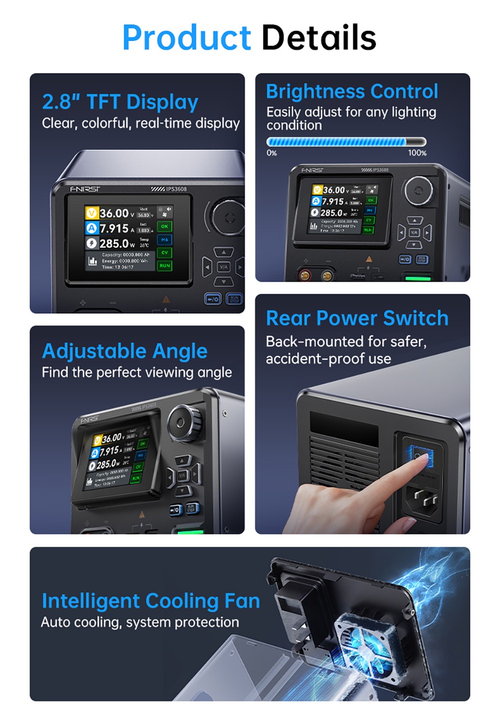 FNIRSI IPS3608 AC-DC Intelligent Digital Control Power Supply, 10mV Ultra-Low Ripple, 2.8-inch TFT Display, PD/QC Fast Charge