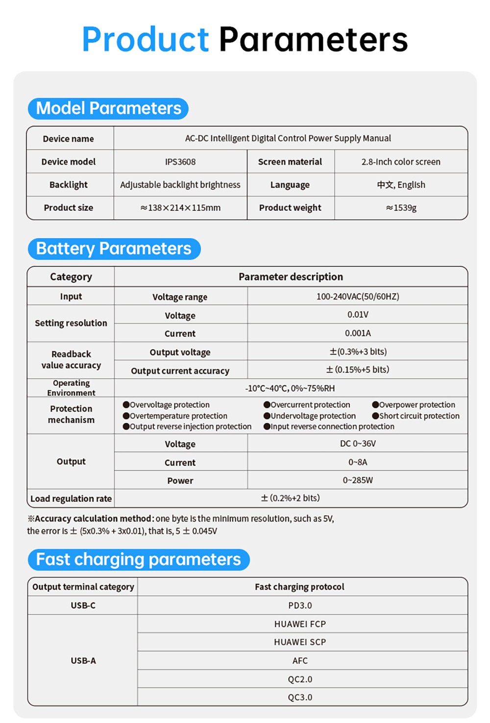 FNIRSI IPS3608 AC-DC Intelligent Digital Control Power Supply, 10mV Ultra-Low Ripple, 2.8-inch TFT Display, PD/QC Fast Charge, EU Plug