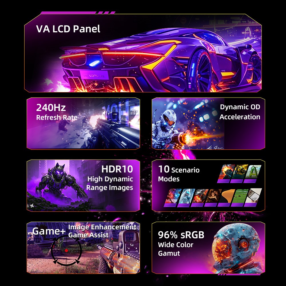 TITAN ARMY C24A1H Gamer Monitor, 23,6 hüvelykes 1500R ívelt VA képernyő, 1920*1080, 240Hz frissítési frekvencia, Dinamikus OD, FreeSync, HDR10, 10 forgatókönyv mód, 96% sRGB, Game+, 1*HDMI 2.0, 1*DP1.2, 1*Audio, Low Blue Light