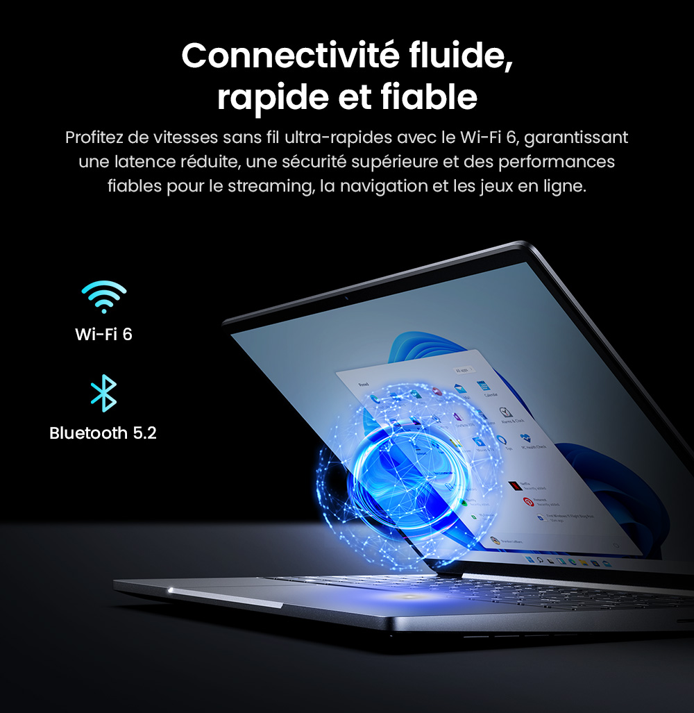 Ordinateur portable CHUWI CoreBook X, écran 14 pouces 2160 x 1440, processeur AMD Ryzen 5 7430U 6 cœurs cadencé à 4,3 GHz maximum, 16 Go de RAM, SSD 512 Go, Wi-Fi 6, Bluetooth 5.2, batterie 4 000 mAh, clavier rétroéclairé, 1 port Type-C complet, 2 ports USB 3.0, 1 port HDMI 1.4, 1 emplacement pour carte TF, 1 prise casque.