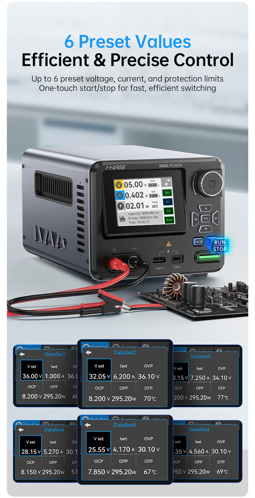 FNIRSI IPS3608 AC-DC Intelligent Digital Control Power Supply, 10mV Ultra-Low Ripple, 2.8-inch TFT Display, PD/QC Fast Charge