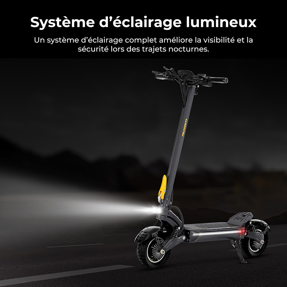 Trottinette électrique Ausom F1 Max, moteur 2 x 1 400 W, batterie 60 V 20,8 Ah, pneus 10 pouces, vitesse maximale 72 km/h, autonomie maximale 100 km, freins à disque hydrauliques avant et arrière, verrouillage NFC et par code