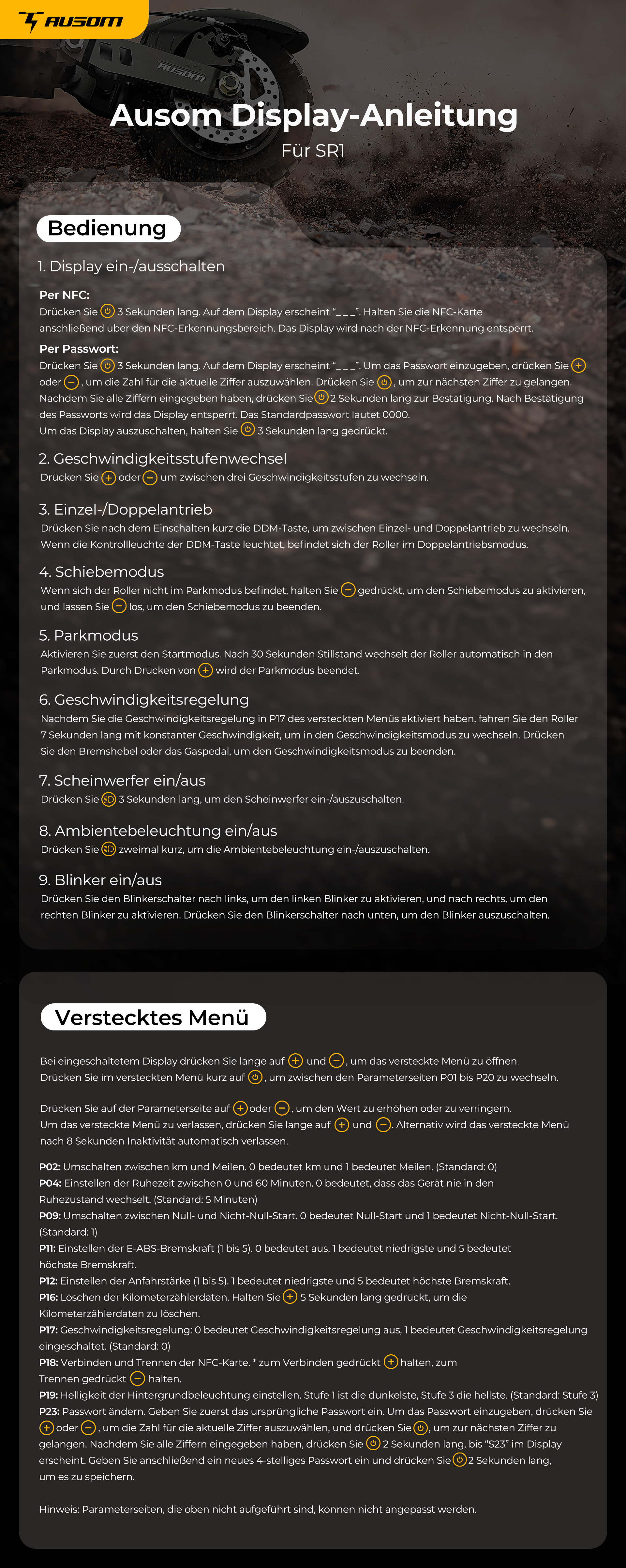Ausom SR1 Elektroroller, 2 x 1000 W Motoren, 52 V 20,8 Ah Akku, 10 Zoll Reifen, 65 km/h Höchstgeschwindigkeit, 95 km Reichweite, hydraulische Scheibenbremsen vorne und hinten, Schwingenfederung