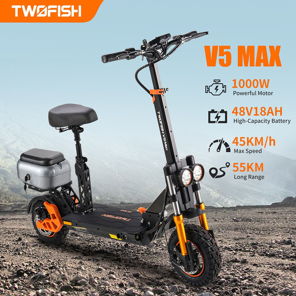 TWOFISH V5 MAX Trottinette électrique avec siège, moteur 800W, batterie 48V 18Ah, pneus avant de 11 pouces et arrière de 10 pouces, vitesse maximale de 45 km/h, autonomie de 45 km, frein à disque avant et arrière, double suspension avant et arrière