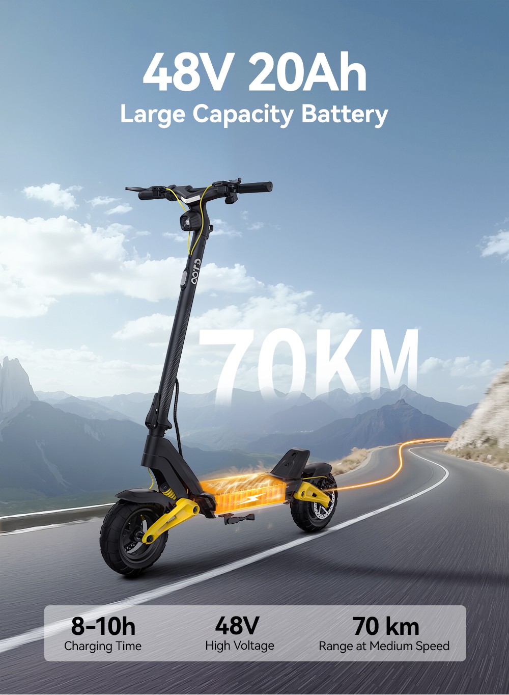OOTD S10 Összecsukható Elektromos Roller 10 hüvelykes Gumiabroncsok 1400W Motor 25km/h Max. Sebesség 48V 20Ah Akkumulátor 60-70km-es hatótávolsághoz 120KG Max. Terhelés Tárcsafék Ütéscsillapítás IPX4 APP - Sárga