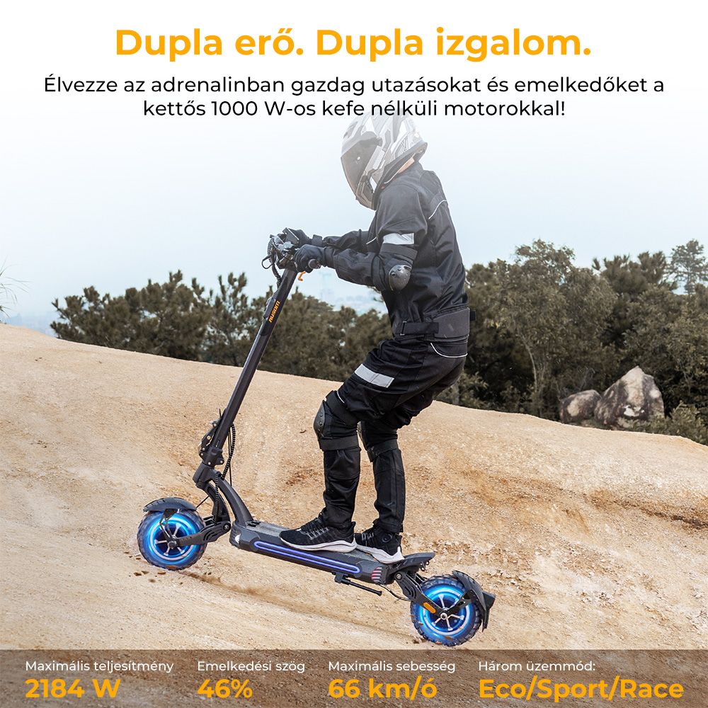 Ausom SR1 Elektromos Roller, 2*1000W-os Motor, 52V 20.8Ah Akkumulátor, 10 colos Gumiabroncsok, 65km/h Max. Sebesség, 95km Hatótávolság, Elöl és Hátul Hidraulikus Tárcsafékek, Lengőkaros Felfüggesztés