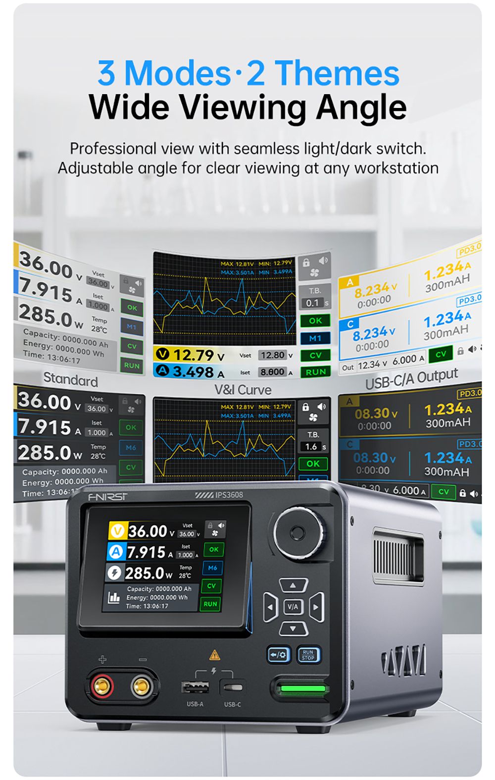FNIRSI IPS3608 AC-DC Intelligent Digital Control Power Supply, 10mV Ultra-Low Ripple, 2.8-inch TFT Display, PD/QC Fast Charge, EU Plug