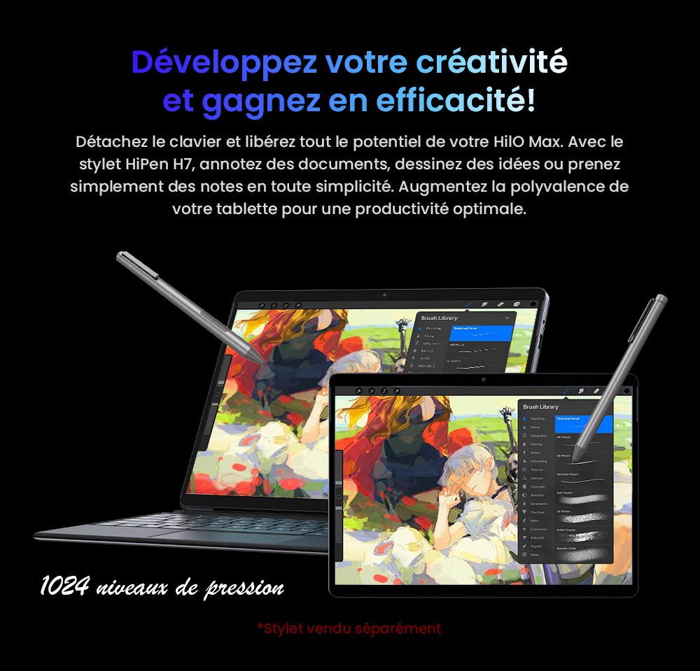 CHUWI Hi10 Max Tablette + clavier + Stylet, processeur Intel N150 4 cœurs à 3,6 GHz maximum, écran tactile 12,96 pouces, RAM 12 Go, SSD 512 Go, double écran 4K USB-C + Micro HDMI, Wi-Fi 6, 2 ports Type-C complets, 1 port USB 3.2, 1 prise audio
