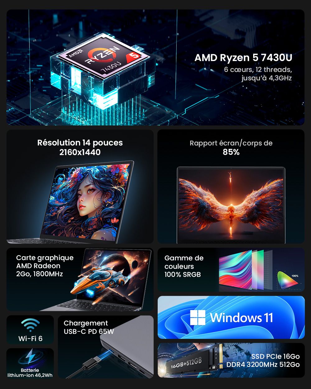 Ordinateur portable CHUWI CoreBook X, écran 14 pouces 2160 x 1440, processeur AMD Ryzen 5 7430U 6 cœurs cadencé à 4,3 GHz maximum, 16 Go de RAM, SSD 512 Go, Wi-Fi 6, Bluetooth 5.2, batterie 4 000 mAh, clavier rétroéclairé, 1 port Type-C complet, 2 ports USB 3.0, 1 port HDMI 1.4, 1 emplacement pour carte TF, 1 prise casque.