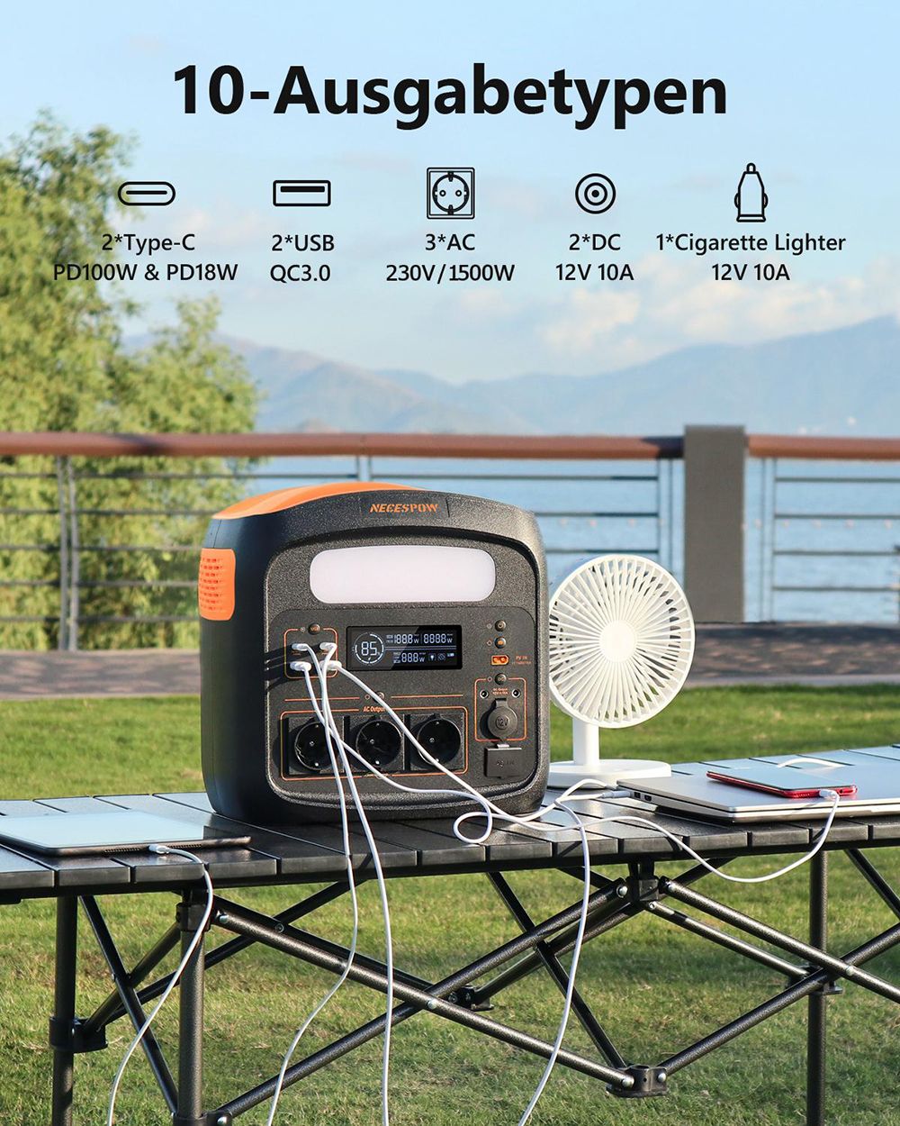 NECESPOW N1200 Tragbare Powerstation, 1102,5Wh LiFePO4 Batterie, 3*1500W AC Steckdosen (3000W Spitze), 50Hz Reine Sinuswelle Solargenerator für Outdoor-Camping, Notstromversorgung und Notfallgebrauch