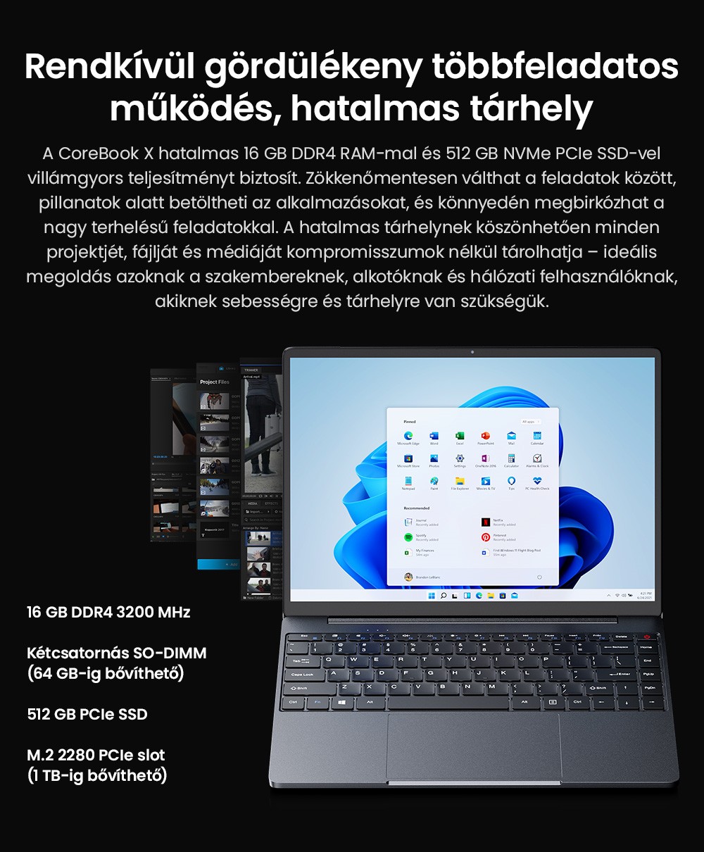 CHUWI CoreBook X Laptop, 14 hüvelykes 2160*1440 kijelző, AMD Ryzen 5 7430U 6 magos max. 4.3GHz, 16GB RAM 512 GB SSD, WiFi 6 Bluetooth 5.2, 4000mAh akkumulátor, háttérvilágításos billentyűzet, 1*Teljes funkcionalitású Type-C, 2*USB3.0, 1*HDMI 1.4, 1*TF kártyahely, 1*Fejhallgató jack