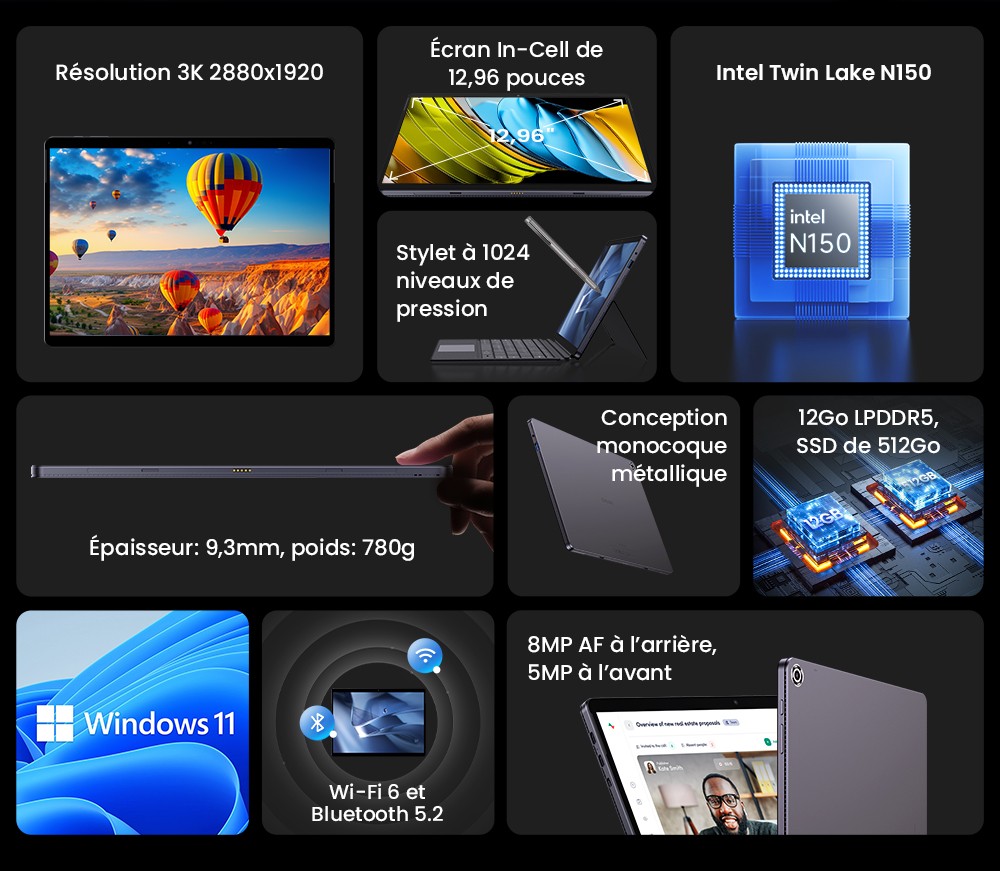 CHUWI Hi10 Max Tablette + clavier + Stylet, processeur Intel N150 4 cœurs à 3,6 GHz maximum, écran tactile 12,96 pouces, RAM 12 Go, SSD 512 Go, double écran 4K USB-C + Micro HDMI, Wi-Fi 6, 2 ports Type-C complets, 1 port USB 3.2, 1 prise audio